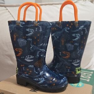 Western Chief Navy Dinosaur Rain Boots with Orange Handles